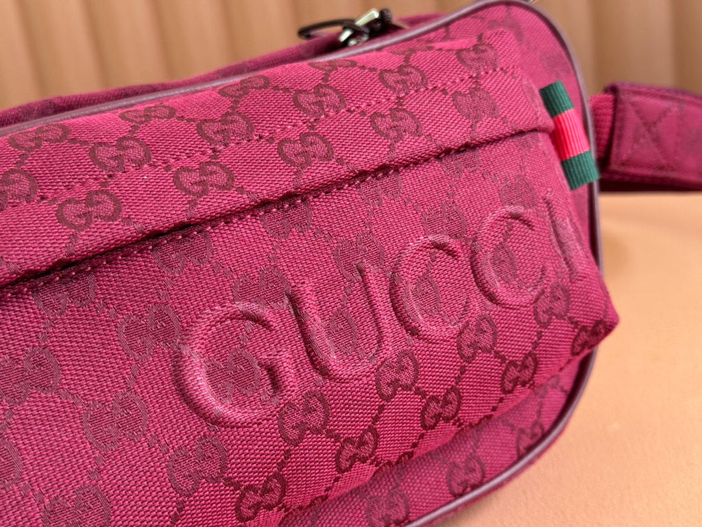 GUCCI BELT BAG 34 IN CURRANT RED MONOGRAM CANVAS