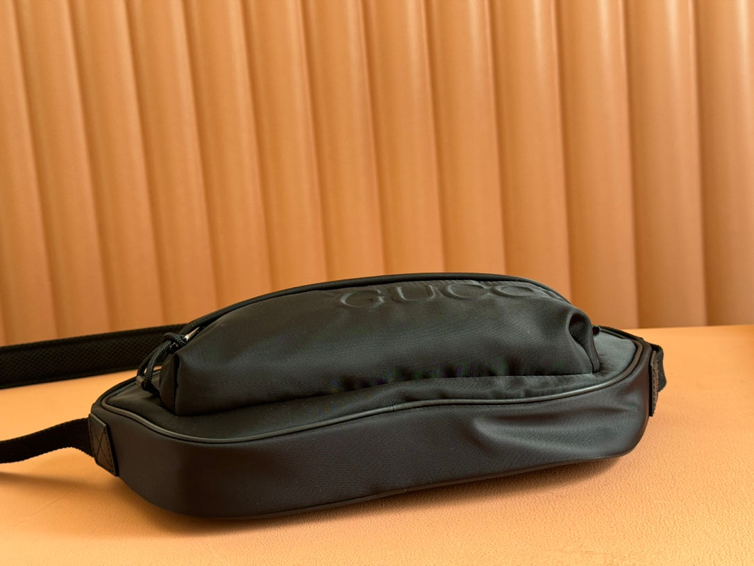 GUCCI LARGE BELT BAG 34 IN BLACK CANVAS GREEN AND RED WEB DETAIL