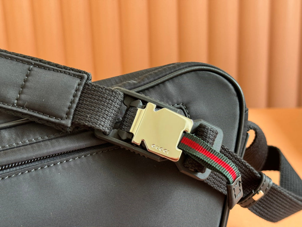 GUCCI LARGE BELT BAG 34 IN BLACK CANVAS GREEN AND RED WEB DETAIL