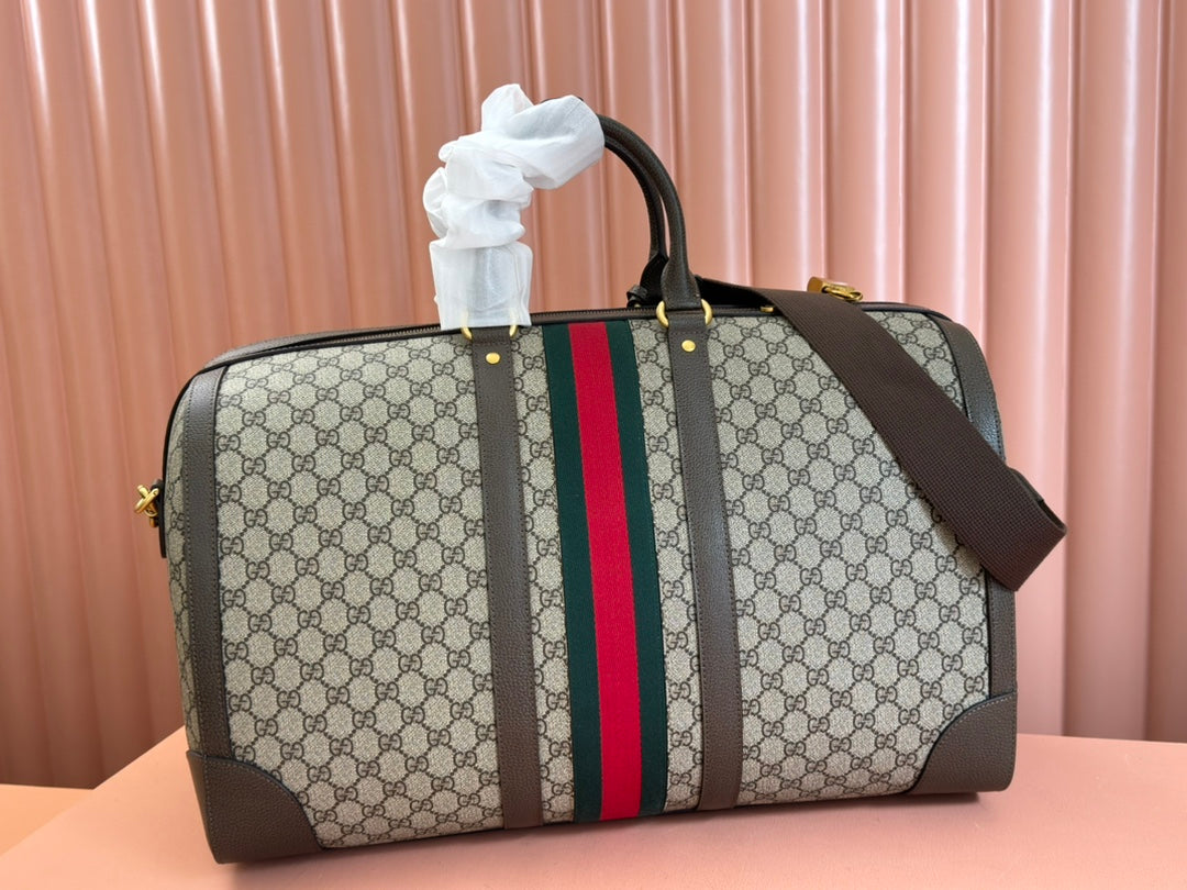 GUCCI SAVOY LARGE DUFFLE BAG 50 IN BEIGE AND EBONY  SUPREME CANVAS