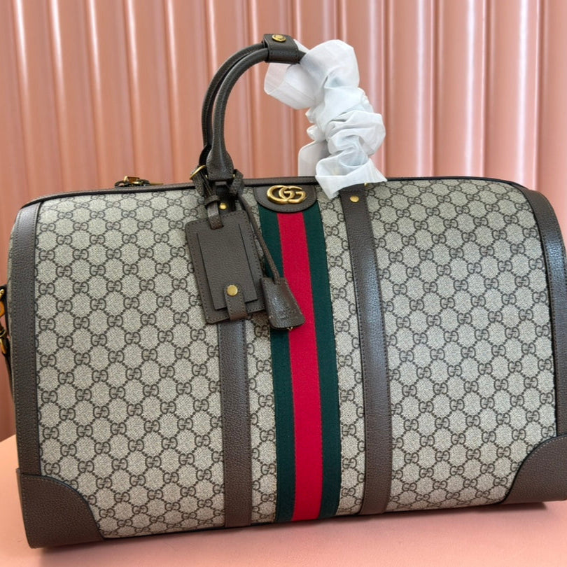 GUCCI SAVOY LARGE DUFFLE BAG 50 IN BEIGE AND EBONY  SUPREME CANVAS