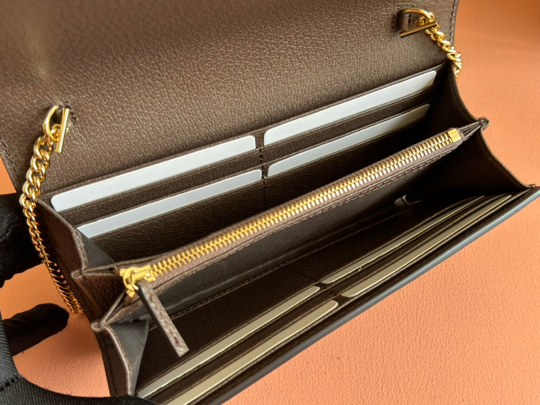 GUCCI OPHIDIA WALLET ON GOLD CHAIN 19 IN BEIGE AND DARK BROWN CANVAS AND BROWN CALFSKIN