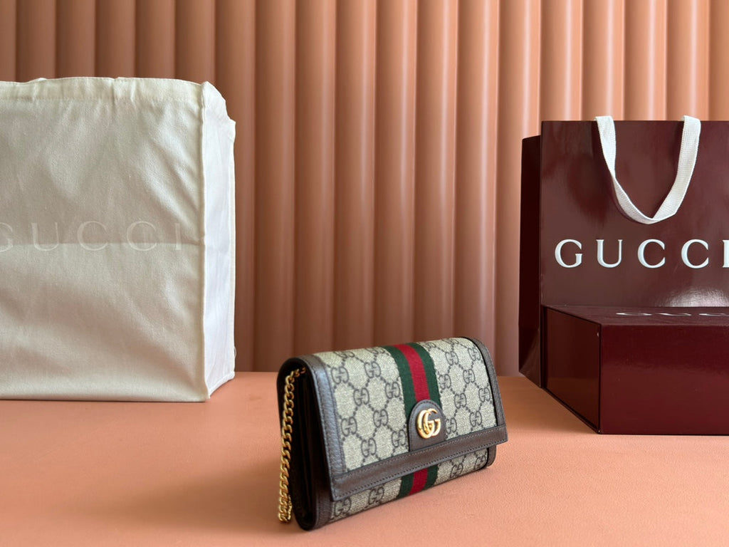 GUCCI OPHIDIA WALLET ON GOLD CHAIN 19 IN BEIGE AND DARK BROWN CANVAS AND BROWN CALFSKIN