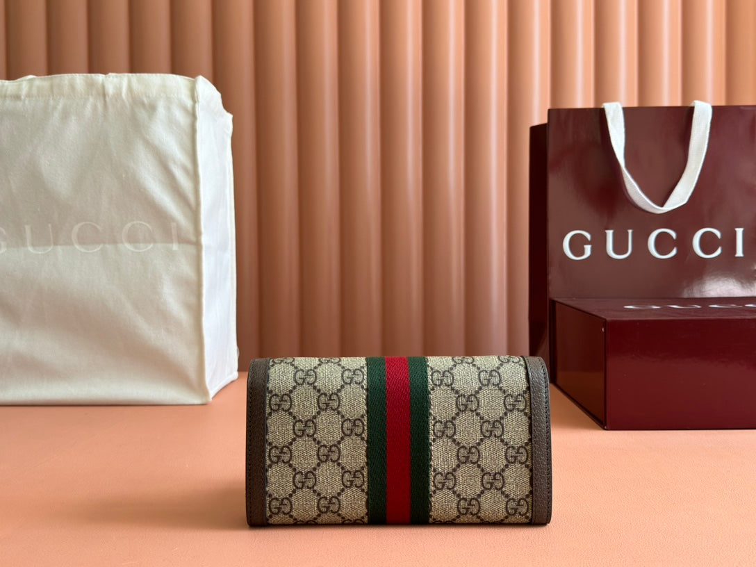 GUCCI OPHIDIA WALLET ON GOLD CHAIN 19 IN BEIGE AND DARK BROWN CANVAS AND BROWN CALFSKIN