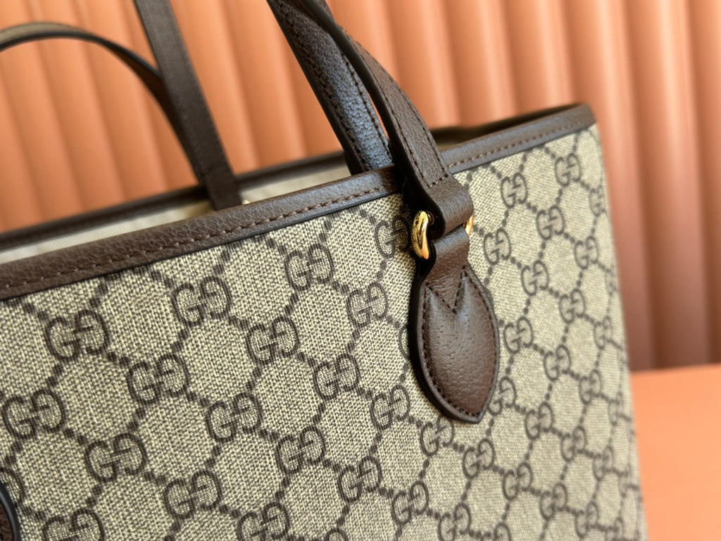 GUCCI OPHIDIA MEDIUM TOTE BAG 38.5 BEIGE CANVAS AND BROWN CALFSKIN