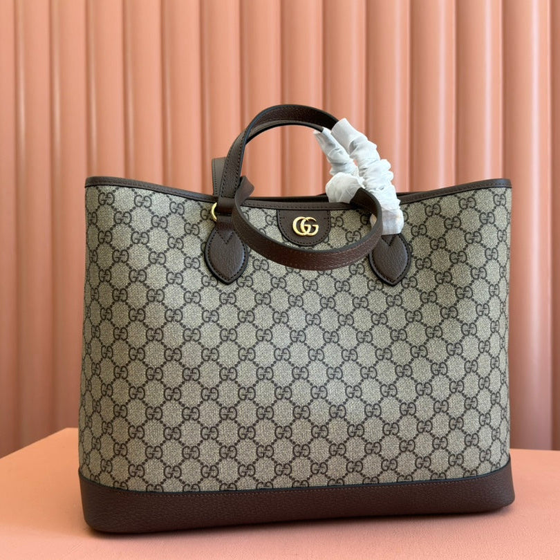 GUCCI OPHIDIA MEDIUM TOTE BAG 38.5 BEIGE CANVAS AND BROWN CALFSKIN