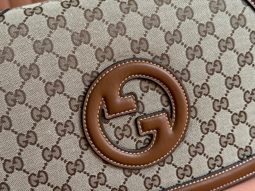 GUCCI BLONDIE LARGE TOP HANDLE BAG 32 IN BEIGE AND DARK BROWN CANVAS BROWN CALFSKIN