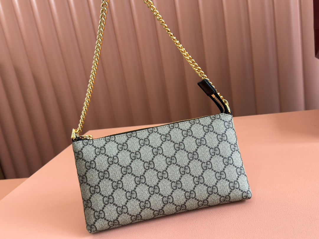GUCCI RUBBER EFFECT SMALL WALLET ON CHAIN 22.5 IN BEIGE AND DARK BROWN  CALFSKIN