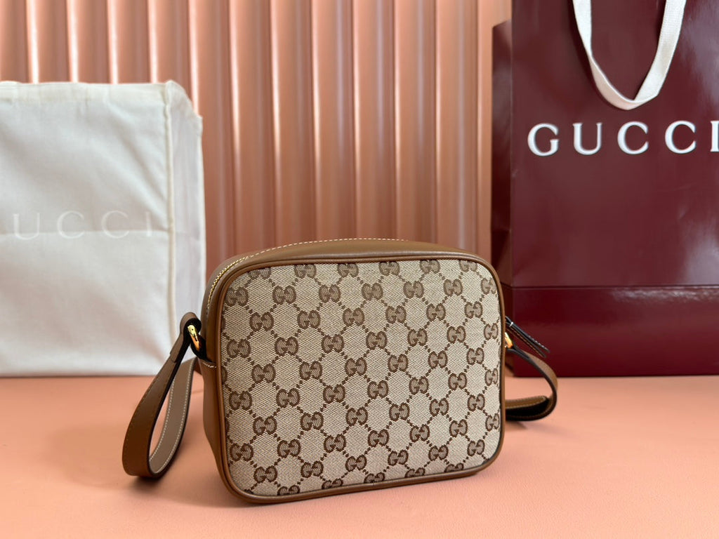 GUCCI BLONDIE SMALL SHOULDER BAG 21 IN BEIGE AND DARK BROWN CANVAS BROWN CALFSKIN