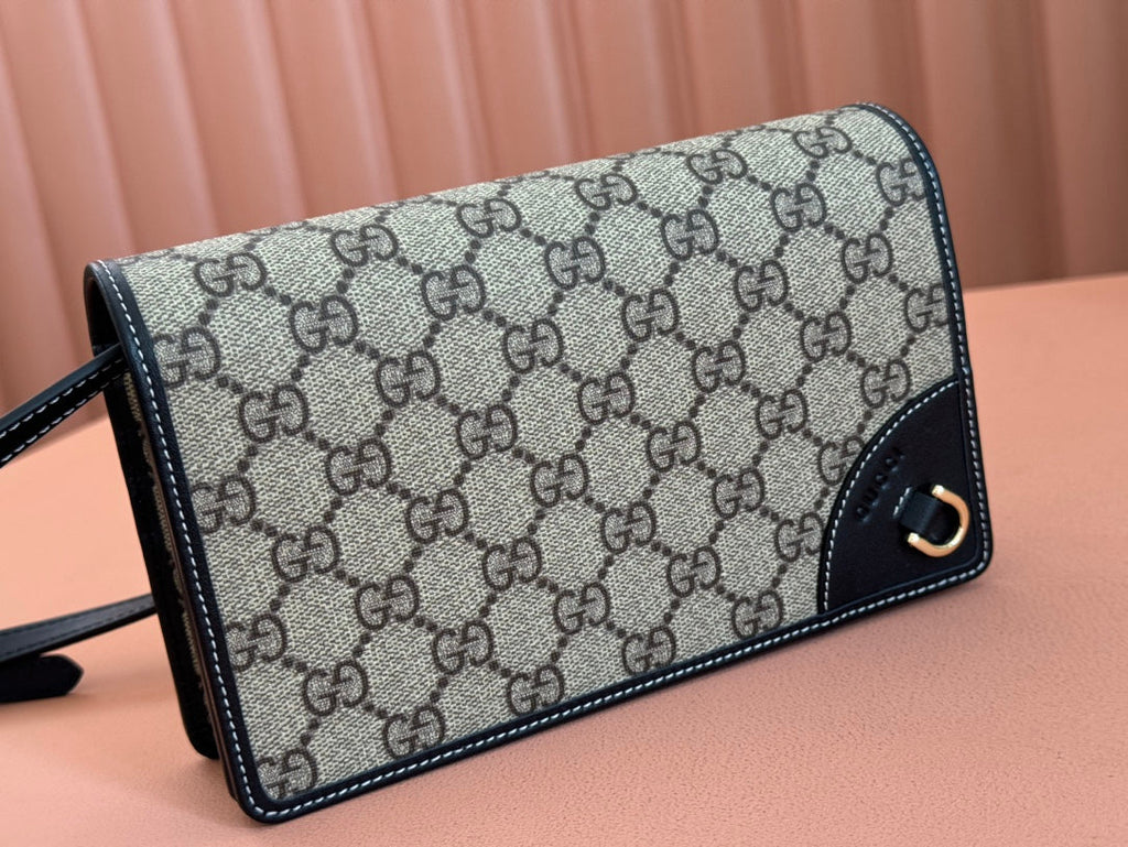 GUCCI EMBLEM WALLET  MONOGRAM 20 IN DARK BROWN AND BLACK CALFSKIN