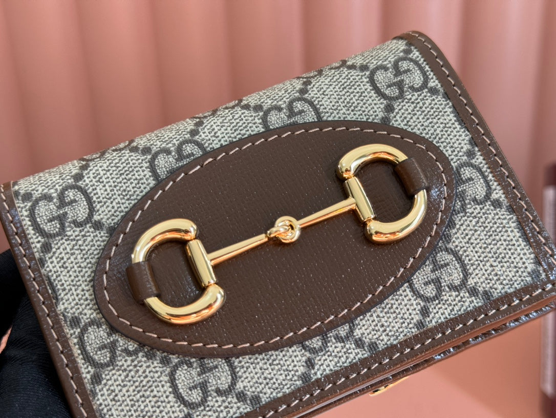 GUCCI HORSEBIT 1955 CARD CASE WALLET 11.5 IN BEIGE EBONY  CANVAS BROWN CALFSKIN