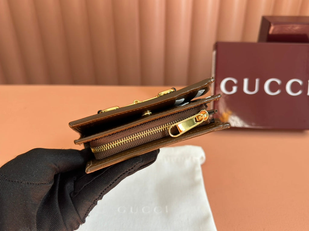GUCCI HORSEBIT 1955 CARD CASE WALLET 11.5 IN BEIGE EBONY  CANVAS BROWN CALFSKIN