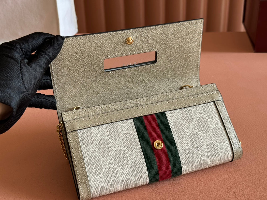 GUCCI OPHIDIA WALLET ON GOLD CHAIN 19 IN LIGHT BEIGE  CANVAS AND LIGHT BROWN CALFSKIN