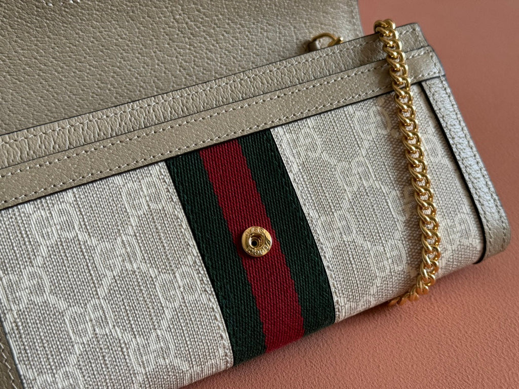 GUCCI OPHIDIA WALLET ON GOLD CHAIN 19 IN LIGHT BEIGE  CANVAS AND LIGHT BROWN CALFSKIN