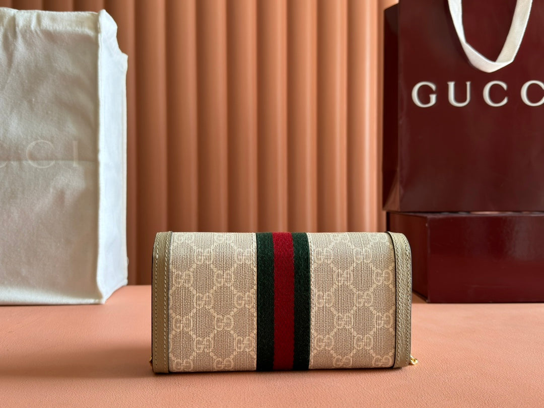 GUCCI OPHIDIA WALLET ON GOLD CHAIN 19 IN LIGHT BEIGE  CANVAS AND LIGHT BROWN CALFSKIN
