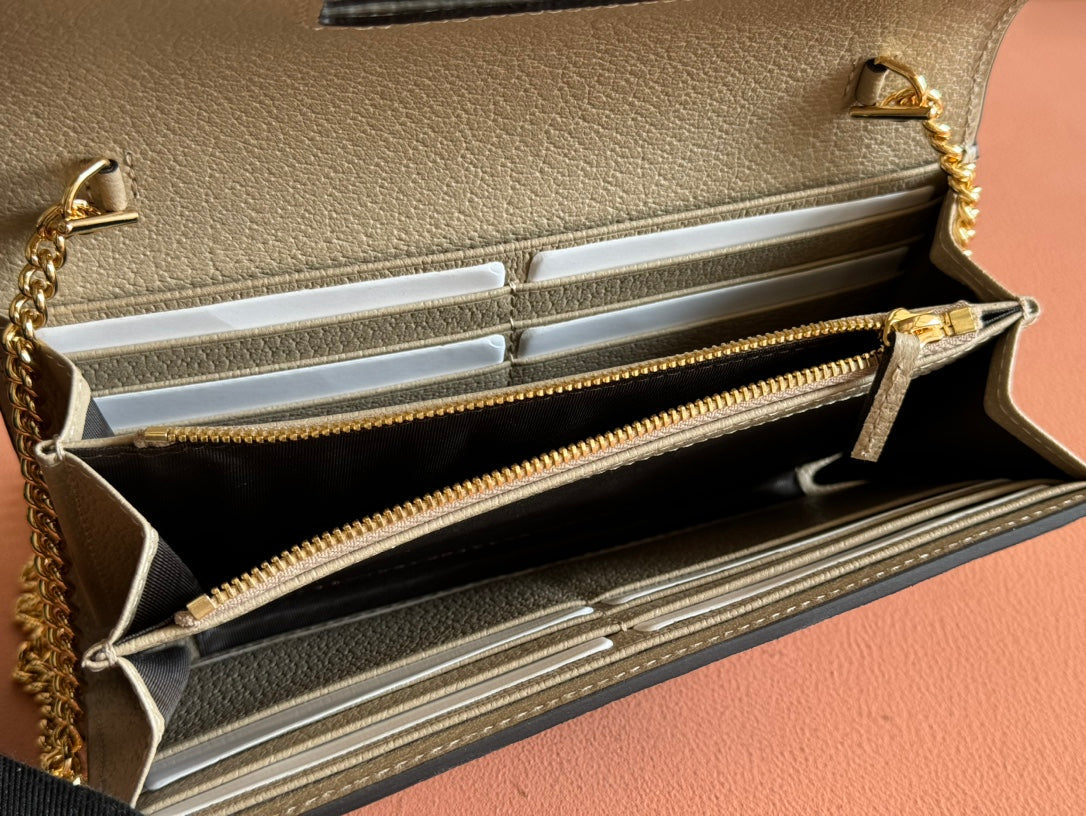 GUCCI OPHIDIA WALLET ON GOLD CHAIN 19 IN LIGHT BEIGE  CANVAS AND LIGHT BROWN CALFSKIN