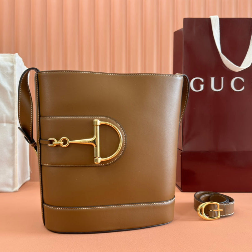 GUCCI 73 MEDIUM BUCKET BAG 27.5 IN BROWN SMOOTH CALFSKIN