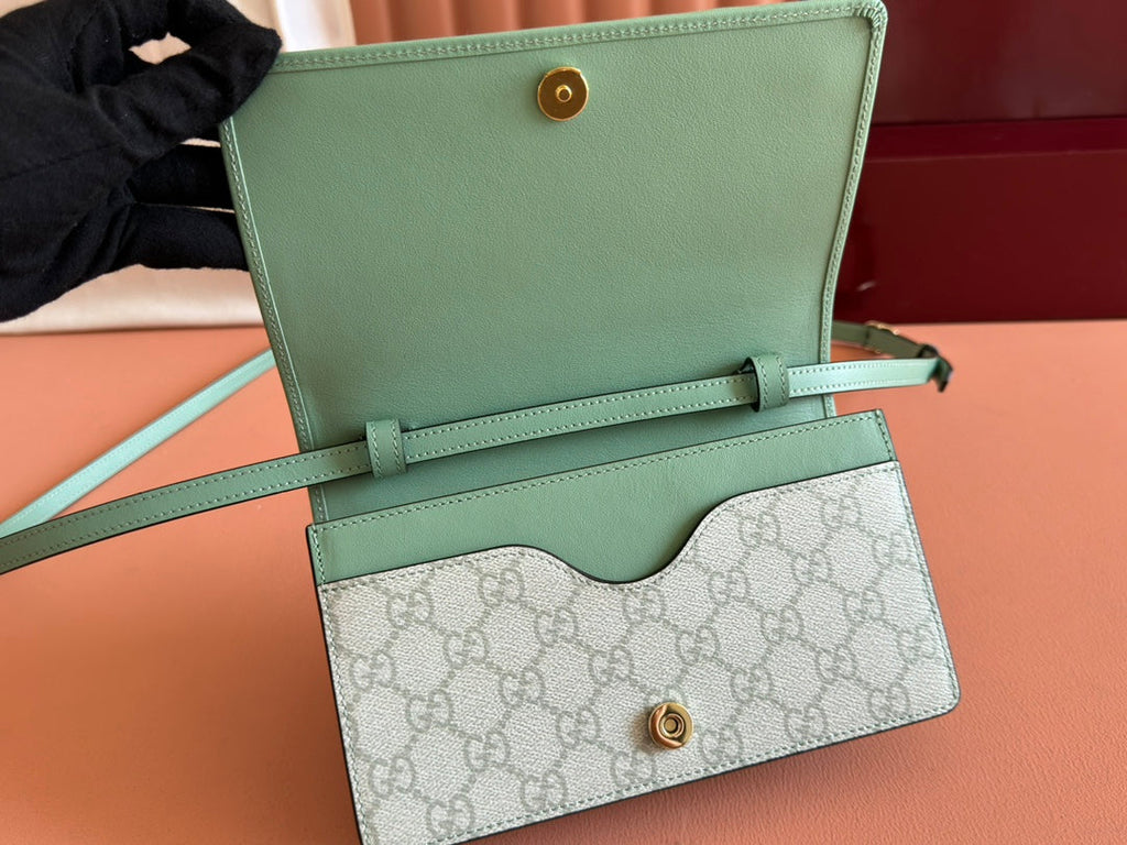 GUCCI EMBLEM WALLET  MONOGRAM 20 IN SAGE GREEN SMOOTH CALFSKIN