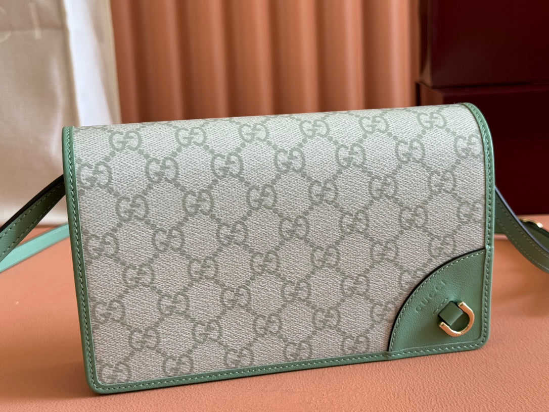 GUCCI EMBLEM WALLET  MONOGRAM 20 IN SAGE GREEN SMOOTH CALFSKIN