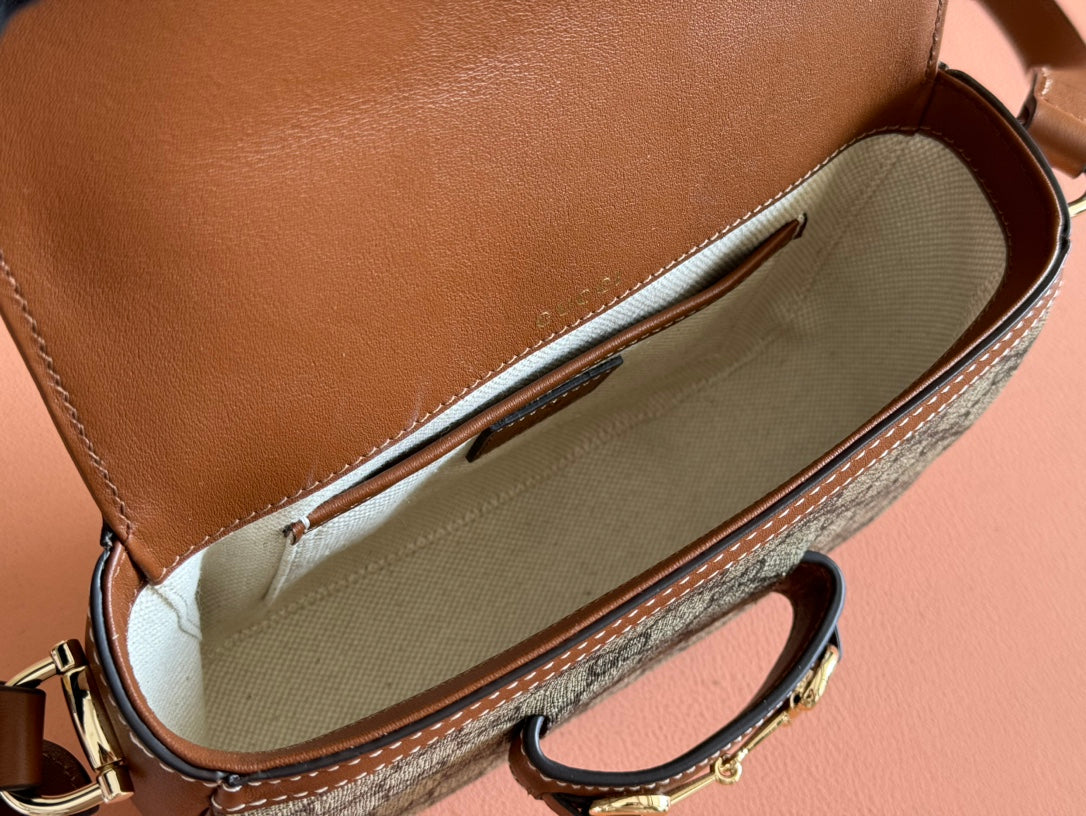 GUCCI SMALL HORSEBIT 1955 SHOULDER BAG 20 IN BEIGE AND DARK BROWN NEW  MONOGRAM CALFSKIN