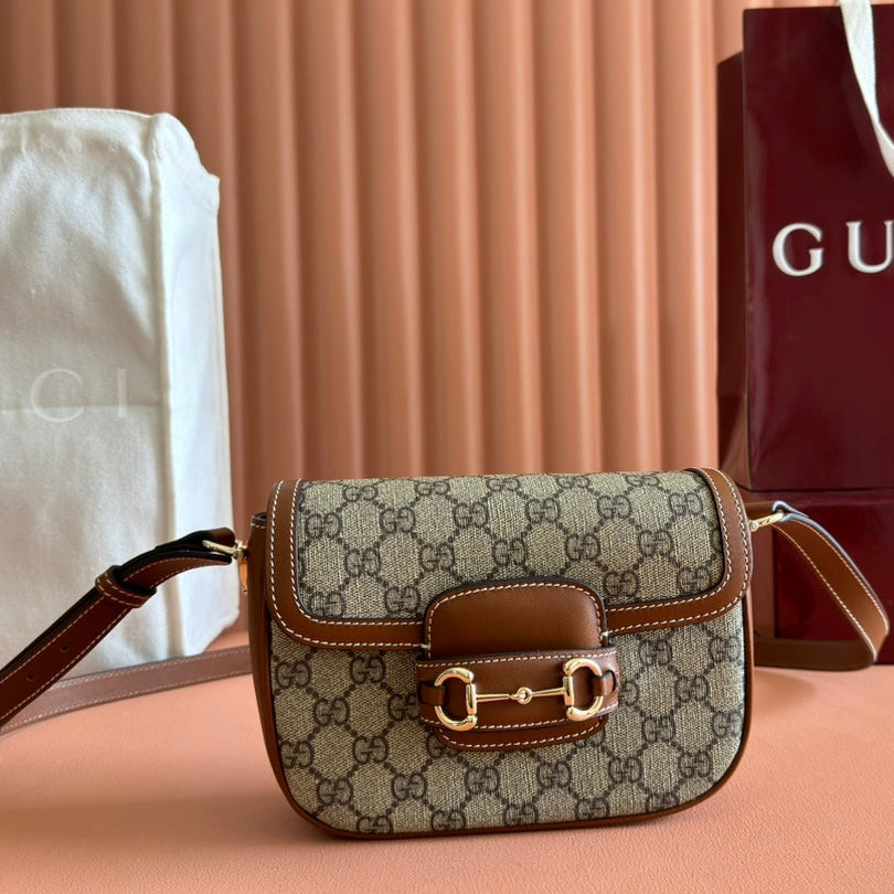 GUCCI SMALL HORSEBIT 1955 SHOULDER BAG 20 IN BEIGE AND DARK BROWN NEW  MONOGRAM CALFSKIN