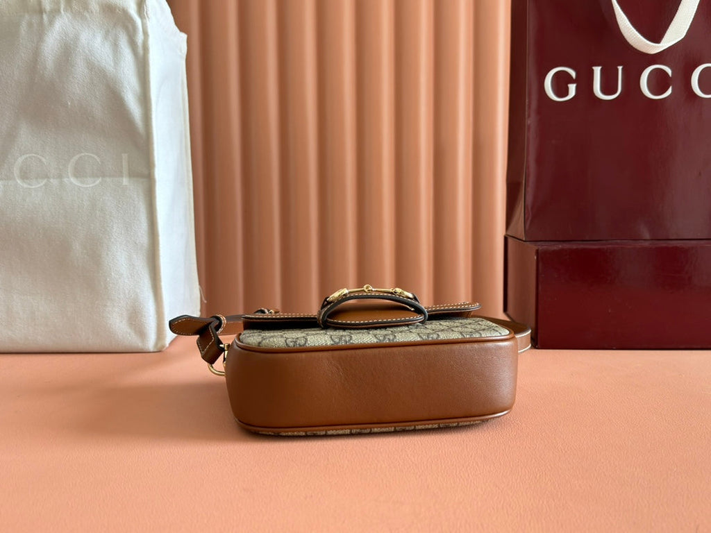 GUCCI SMALL HORSEBIT 1955 SHOULDER BAG 20 IN BEIGE AND DARK BROWN NEW  MONOGRAM CALFSKIN