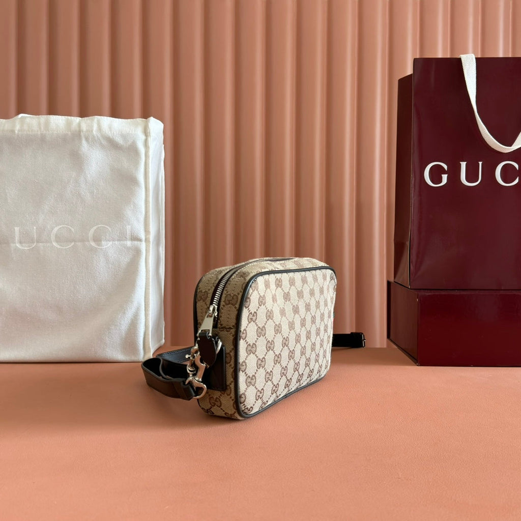 GUCCI SMALL CROSSBODY BAG 23.5 IN BEIGE AND DARK BROWN  CANVAS