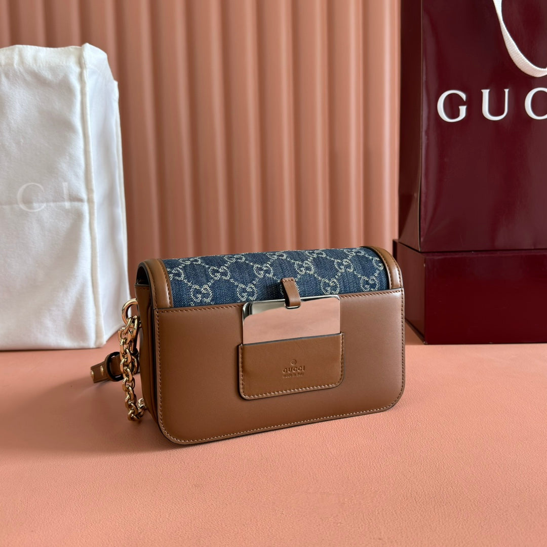 GUCCI GO SMALL SHOULDER BAG 21.5 IN BLUE DENIM BROWN CALFSKIN