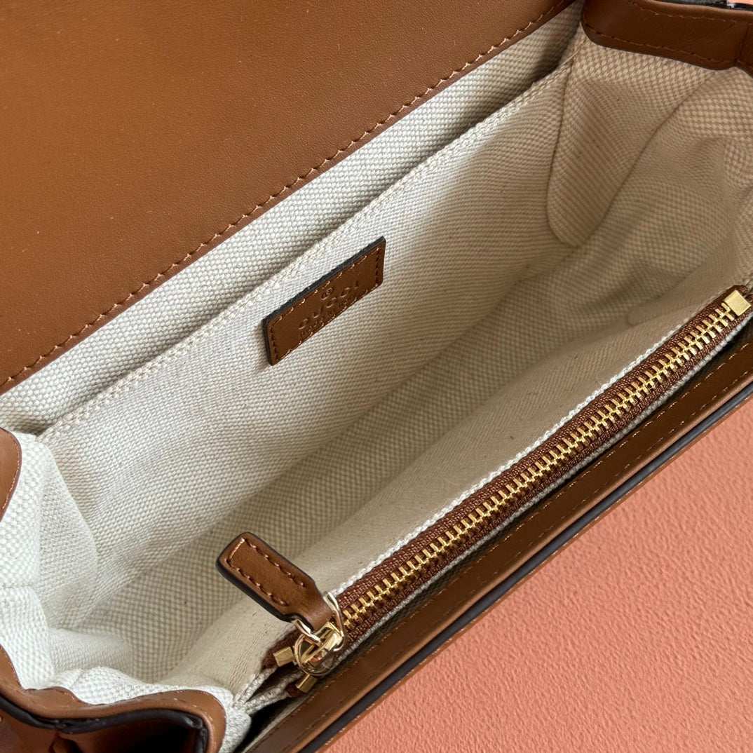 GUCCI GO SMALL SHOULDER BAG 21.5 IN BEIGE CANVAS BROWN CALFSKIN