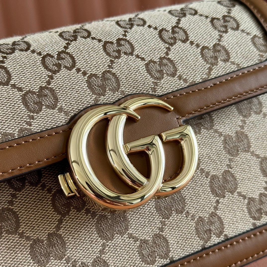 GUCCI GO SMALL SHOULDER BAG 21.5 IN BEIGE CANVAS BROWN CALFSKIN