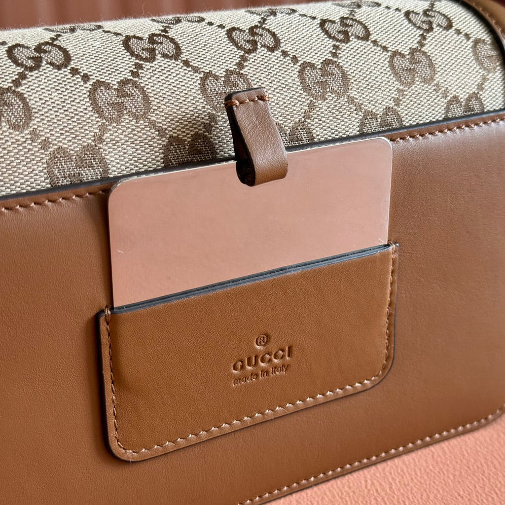 GUCCI GO SMALL SHOULDER BAG 21.5 IN BEIGE CANVAS BROWN CALFSKIN