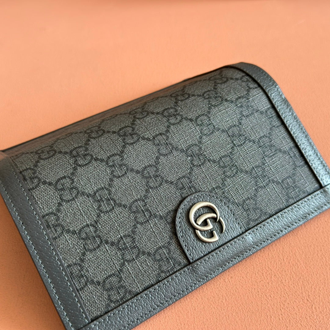 GUCCI OPHIDIA CARD CASE 19 IN DARK GREY COATED FABRIC AND CALFSKIN
