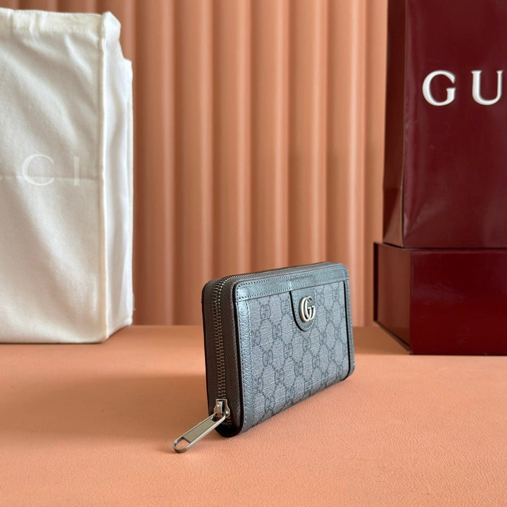GUCCI OPHIDIA ZIP AROUND WALLET 19 IN DARK GREY COATED FABRIC AND CALFSKIN