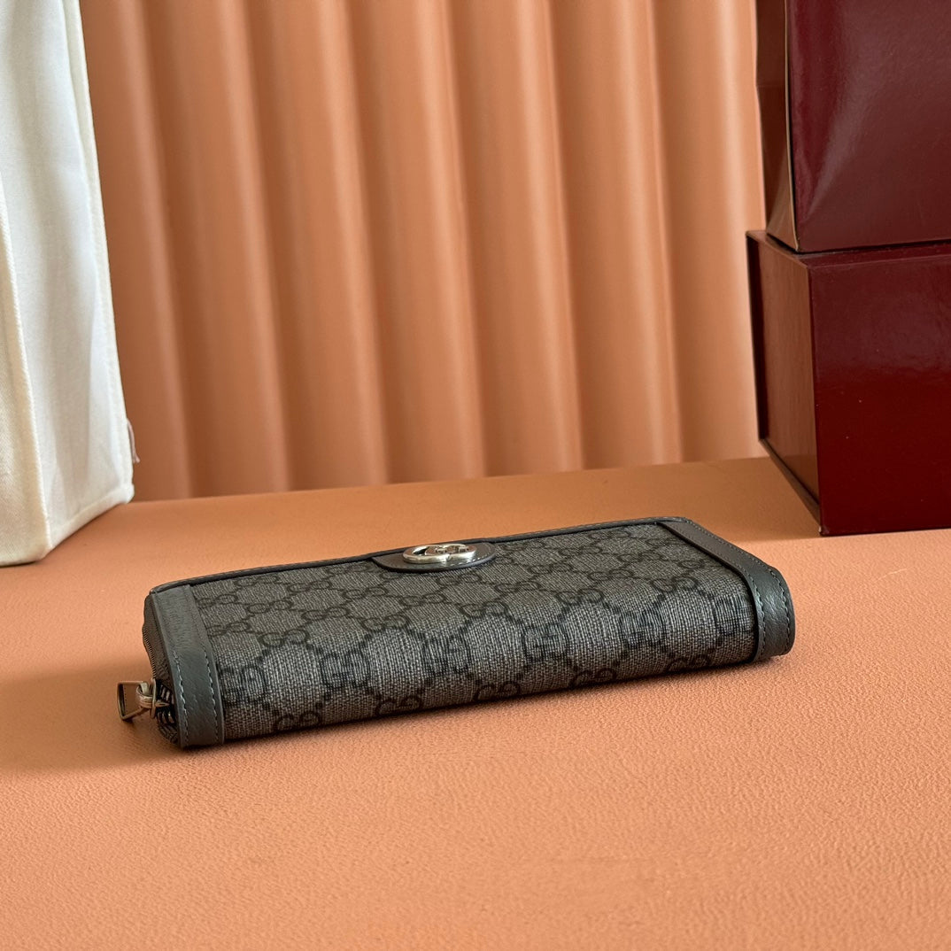 GUCCI OPHIDIA ZIP AROUND WALLET 19 IN DARK GREY COATED FABRIC AND CALFSKIN