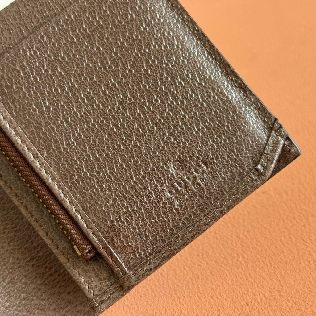 GUCCI OPHIDIA CARD CASE 19 IN BEIGE BROWN COATED FABRIC AND CALFSKIN