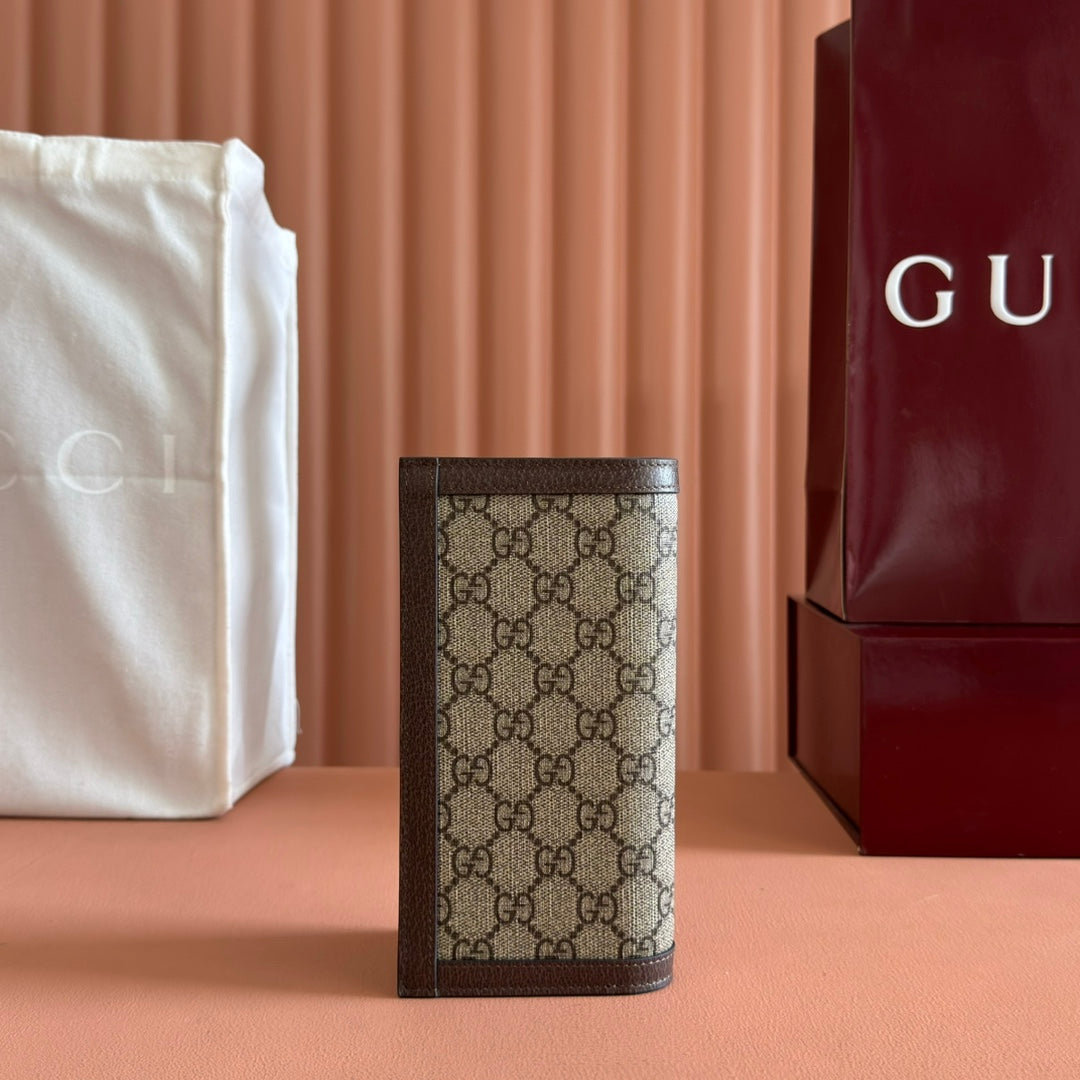 GUCCI OPHIDIA CARD CASE 19 IN BEIGE BROWN COATED FABRIC AND CALFSKIN