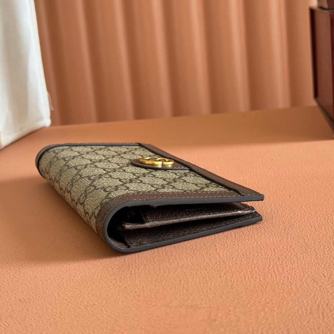 GUCCI OPHIDIA CARD CASE 19 IN BEIGE BROWN COATED FABRIC AND CALFSKIN