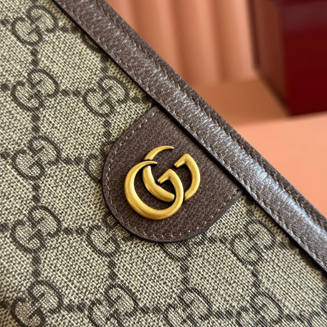 GUCCI OPHIDIA CARD CASE 19 IN BEIGE BROWN COATED FABRIC AND CALFSKIN