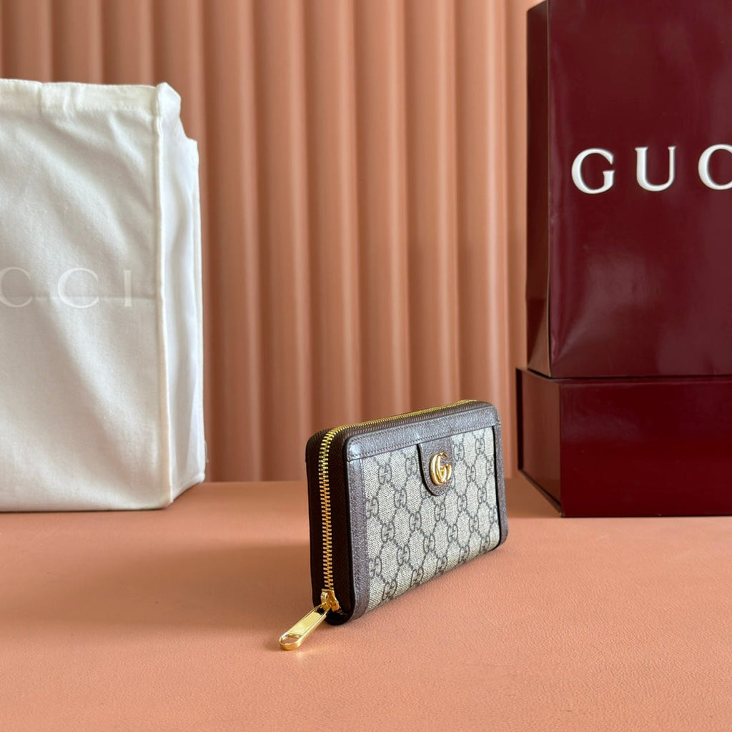 GUCCI OPHIDIA WALLET 19 IN BEIGE AND DARK BROWN COATED FABRIC AND CALFSKIN