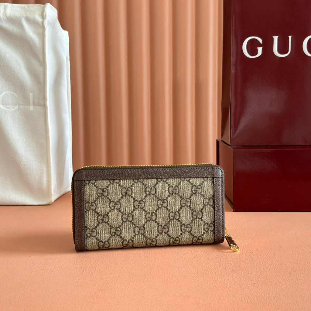 GUCCI OPHIDIA WALLET 19 IN BEIGE AND DARK BROWN COATED FABRIC AND CALFSKIN