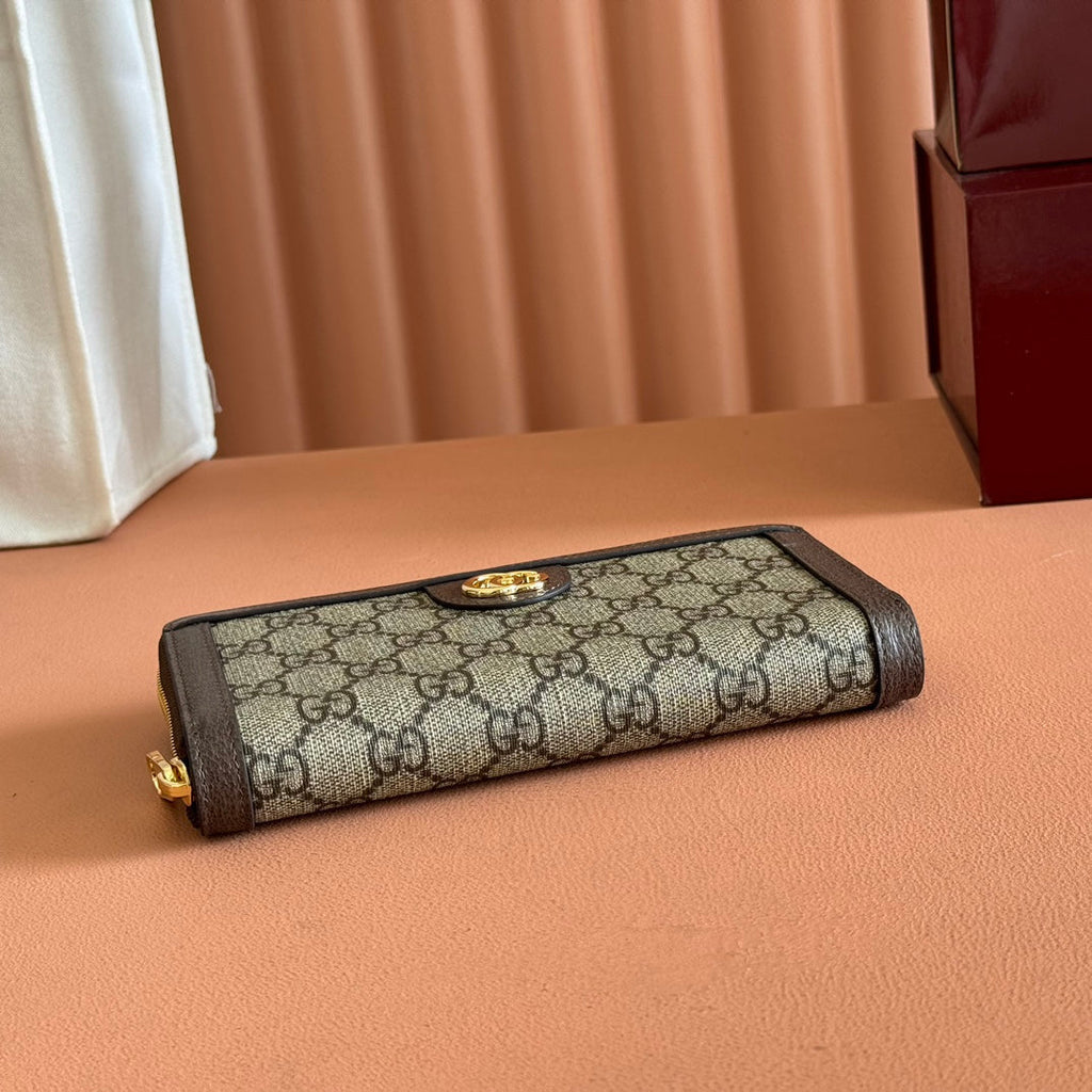 GUCCI OPHIDIA WALLET 19 IN BEIGE AND DARK BROWN COATED FABRIC AND CALFSKIN