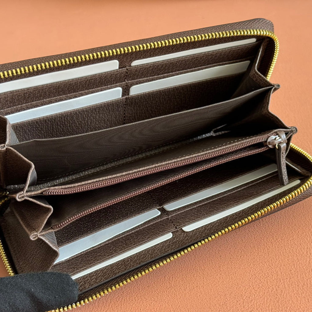 GUCCI OPHIDIA WALLET 19 IN BEIGE AND DARK BROWN COATED FABRIC AND CALFSKIN