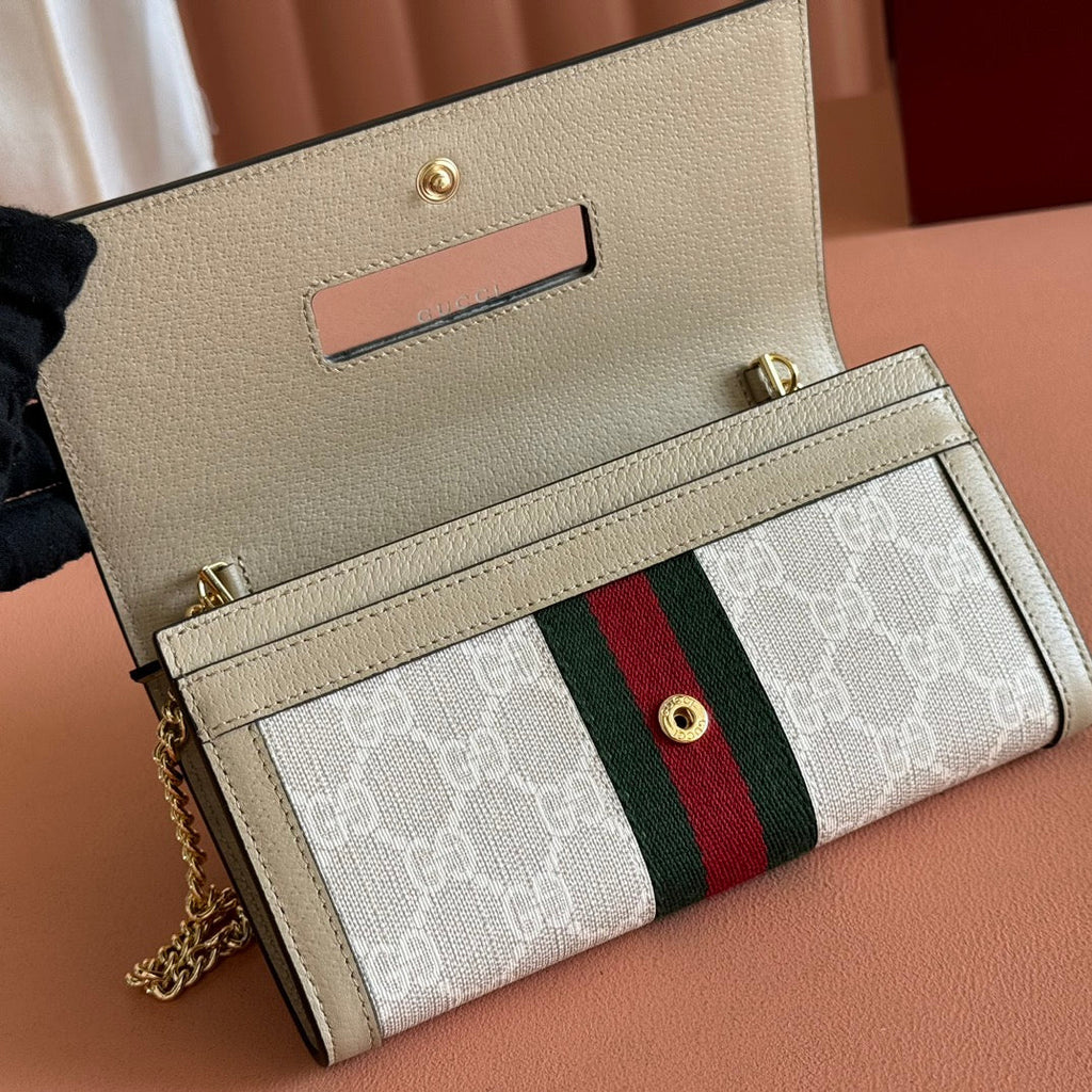GUCCI OPHIDIA WALLET ON CHAIN 19 IN BEIGE AND WHITE COATED FABRIC OATMEAL CALFSKIN