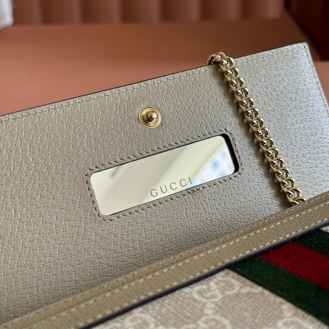 GUCCI OPHIDIA WALLET ON CHAIN 19 IN BEIGE AND WHITE COATED FABRIC OATMEAL CALFSKIN