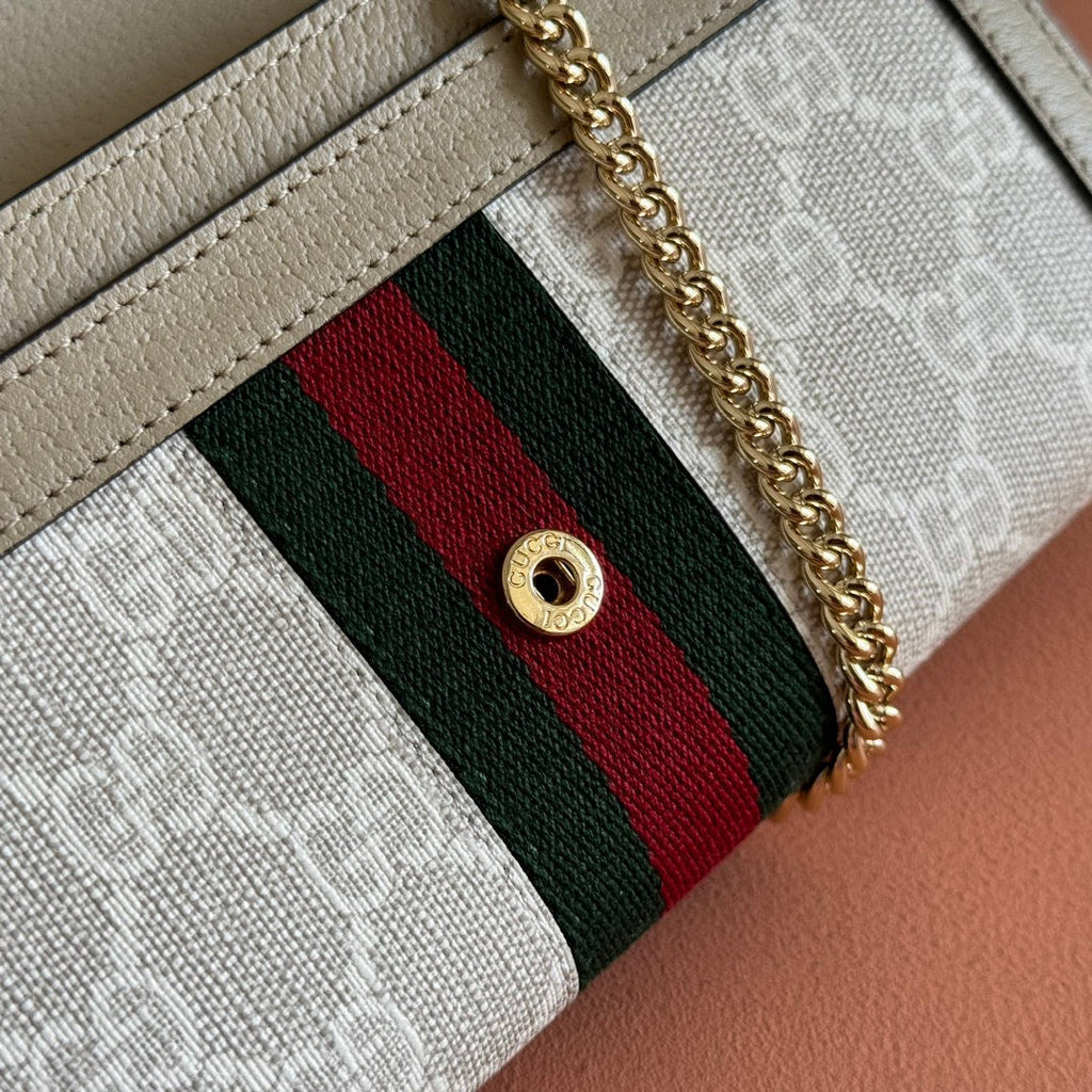 GUCCI OPHIDIA WALLET ON CHAIN 19 IN BEIGE AND WHITE COATED FABRIC OATMEAL CALFSKIN