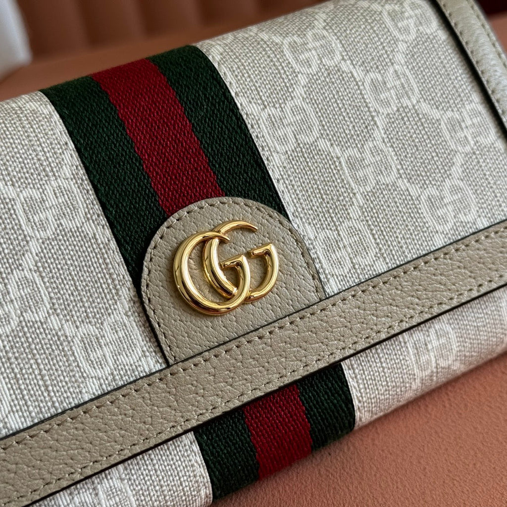 GUCCI OPHIDIA WALLET ON CHAIN 19 IN BEIGE AND WHITE COATED FABRIC OATMEAL CALFSKIN