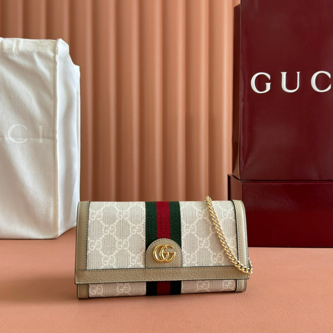 GUCCI OPHIDIA WALLET ON CHAIN 19 IN BEIGE AND WHITE COATED FABRIC OATMEAL CALFSKIN
