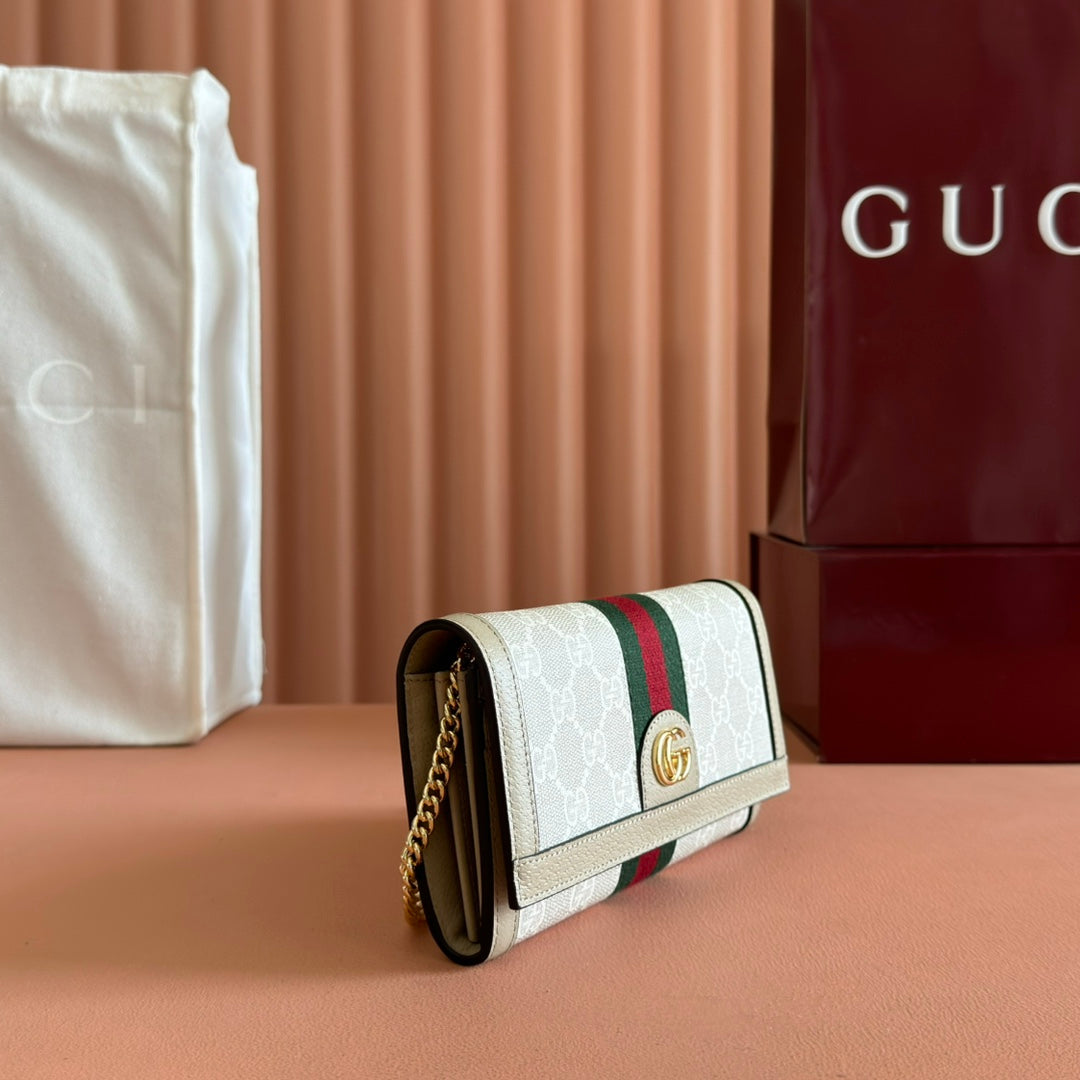 GUCCI OPHIDIA WALLET ON CHAIN 19 IN BEIGE AND WHITE COATED FABRIC OATMEAL CALFSKIN