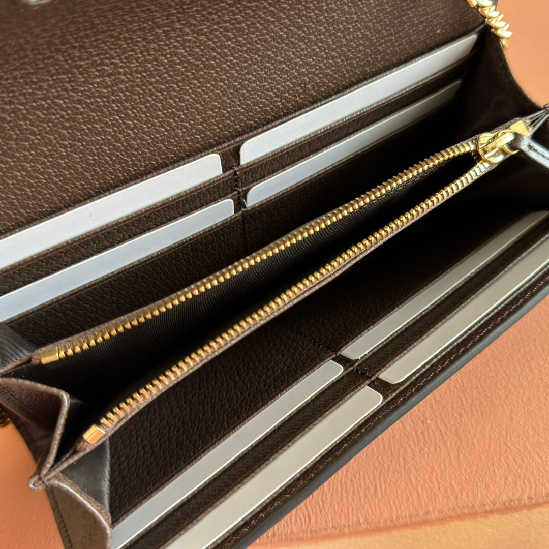 GUCCI OPHIDIA WALLET ON CHAIN 19 IN BEIGE AND DARK BROWN COATED FABRIC AND CALFSKIN