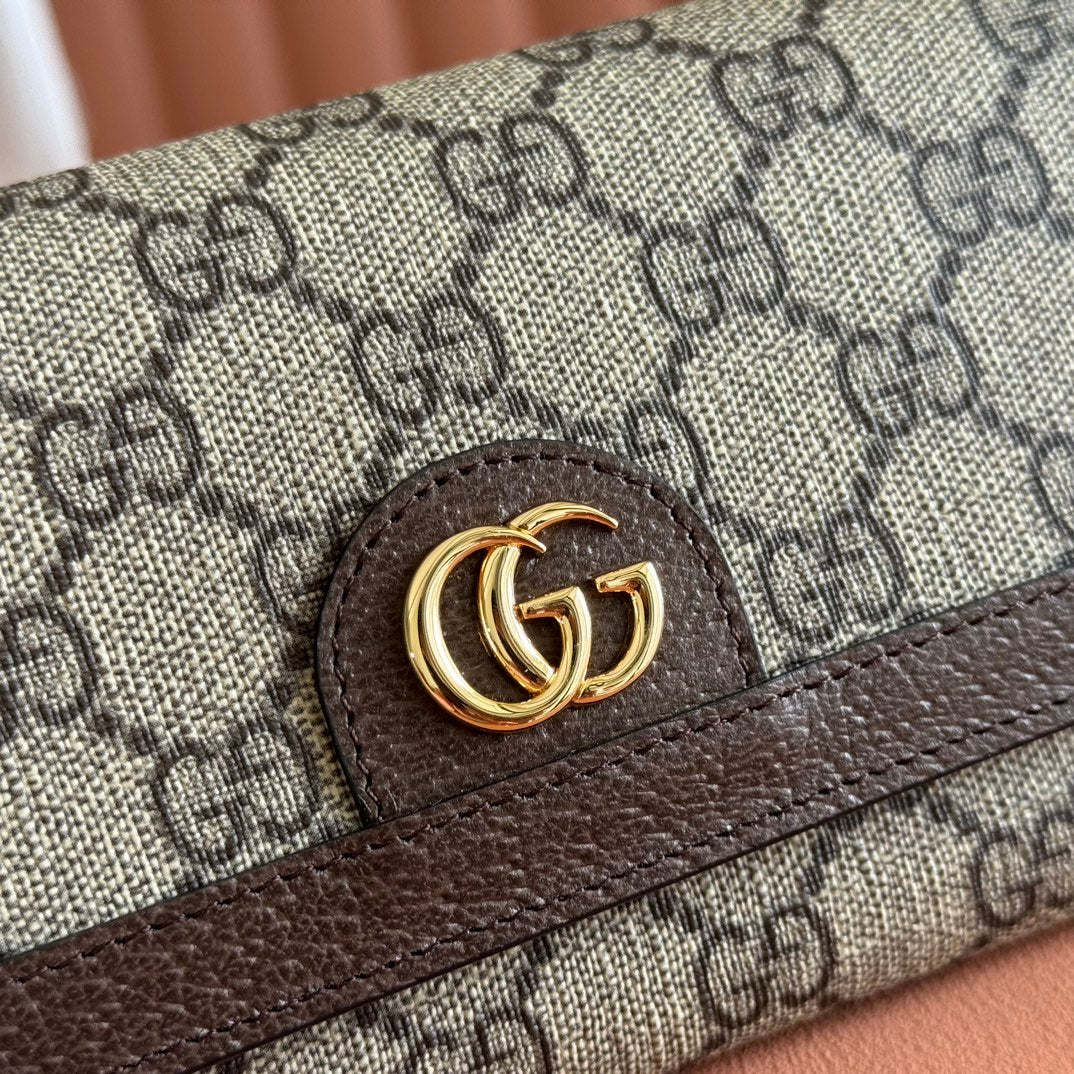 GUCCI OPHIDIA WALLET ON CHAIN 19 IN BEIGE AND DARK BROWN COATED FABRIC AND CALFSKIN
